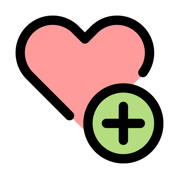 Icon eines Herz mit einem grünen Plus davor