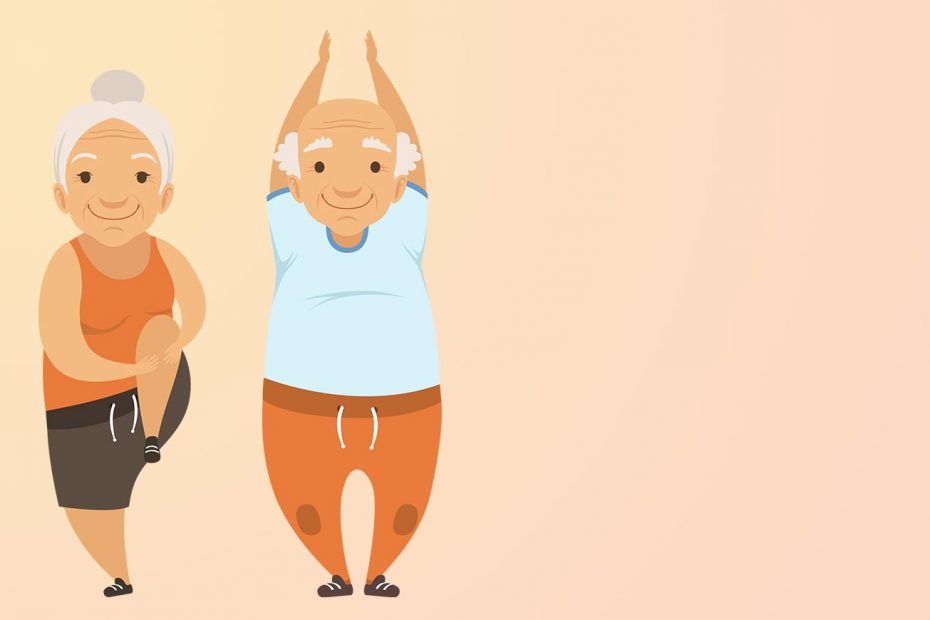 Zwei gezeichnete Senioren bewegen sich vor einem orangenen Hintergrund