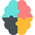Icon eines Gehirns, das aus vier Puzzleteilen in verschiedenen Farben besteht