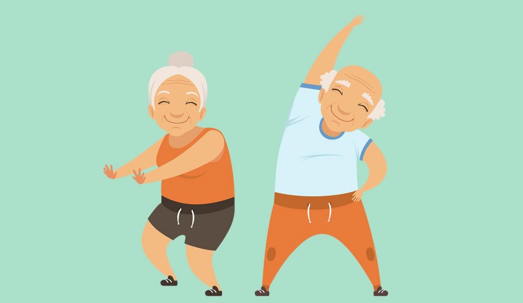 Zwei gezeichnete Senioren machen Gymnastikübungen vor einem grünen Hintergrund