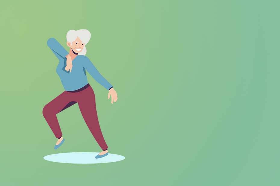 Eine gezeichnete Seniorin macht eine Übung, bei der sie in Bein und einen Arm hochhebt vor einem grünen Hintergrund