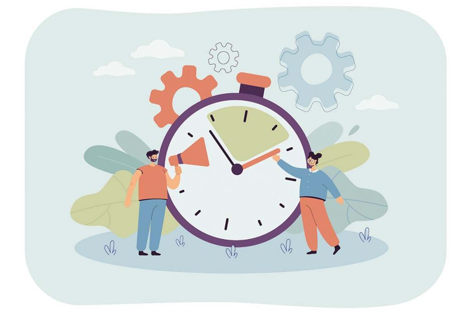 Symbolbild für 10 Minuten Aktivierung mit einer Mann und einer Frau vor einer großen Uhr