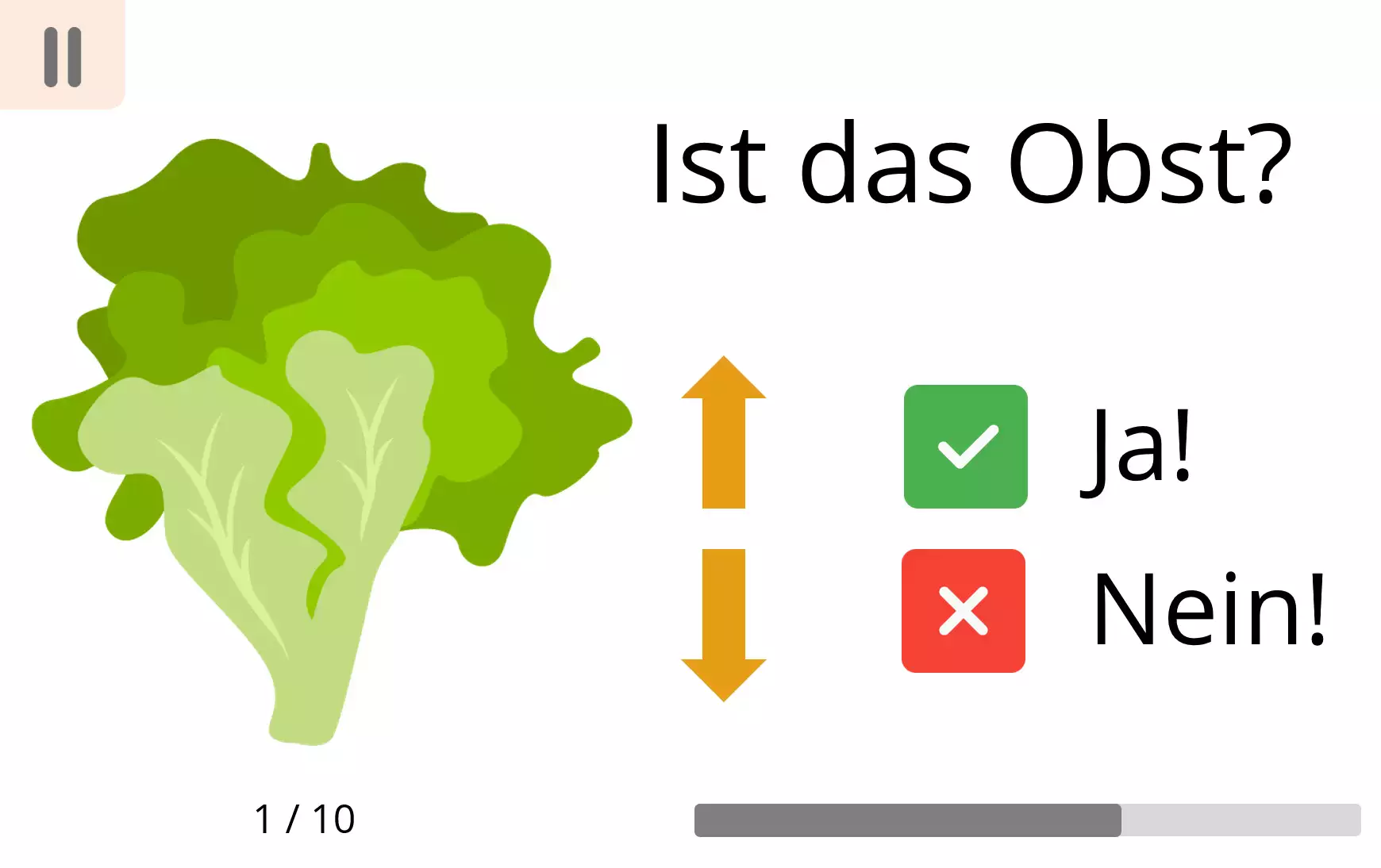 Screenshot Spiel Obstsalat mit Salatblatt und der Frage ist das Obst