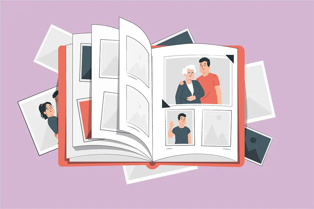 Illustration: vor einem pinken Hintergrund liegt ein aufgeschlagenes Fotoalbum mit rotem Einband. Eingeklebt sind Bilder auf denem man einen Mann, der winkt und eine Mann mit einer Senioren sieht.