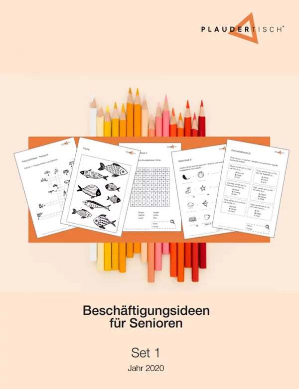 Cover Beschäftigungsaufgaben für Senioren Set 1 mit orangenem Hintergrund, ein paar Aufgabenblättern und einem nebeneinanderliegenden Buntstiften.