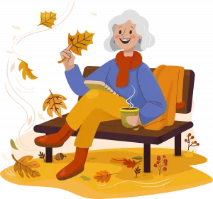 Eine ältere Frau sitzt auf einer Holzbank in einem Park im Herbst. Sie trägt einen blauen Schal, einen gelben Pullover und braune Stiefel. Sie hält ein Buch in einer Hand und ein Ahornblatt in der anderen. Um die Bank herum liegen viele bunte Blätter. Der Hintergrund ist weiß und im Vordergrund sind einige Herbstblätter und Pflanzen zu sehen. Die Frau sieht entspannt und zufrieden aus. Das Bild vermittelt eine friedliche und gemütliche Stimmung.