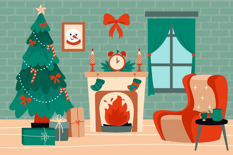Eine Illutration eines Wohnzimmers im Winter. Es steht ein Weihnachtsbaum, ein Kamin brennt und ein Sessel steht davor. Das Wohnzimmer ist weihnachtlich dekoriert.