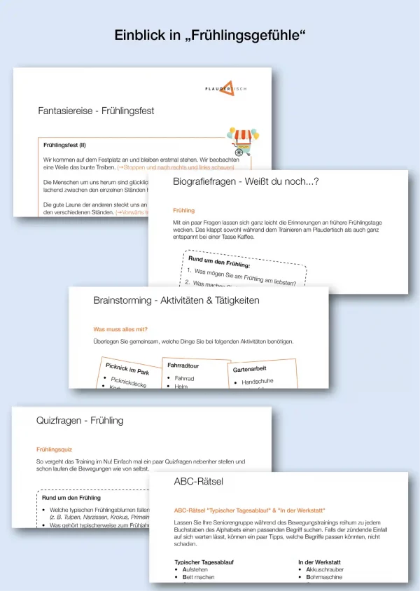 Das Bild zeigt Ausschnitte aus den Aktivierungsaufgaben für den Plaudertisch zum Thema Frühlingsgefühle. Die verschiedenen Rätselarten werden auszugshaft dargestellt.