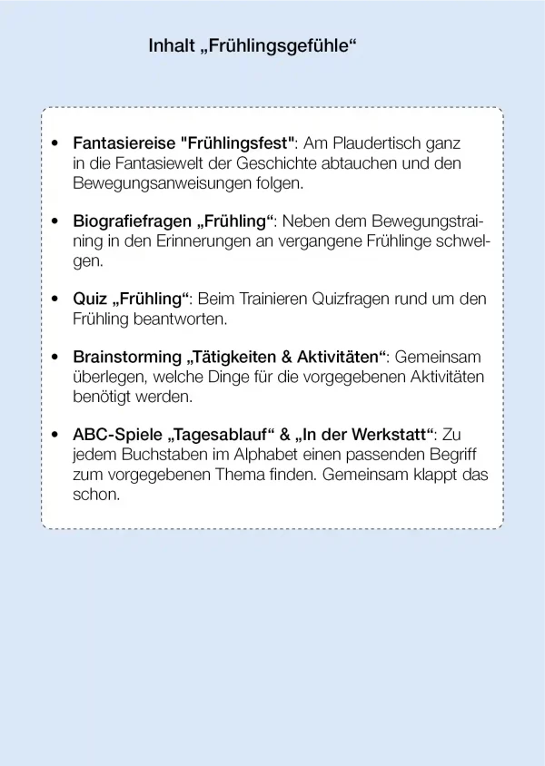 Inhaltsverzeichnis für die Aktivierungsaufgaben für den Plaudertisch zum Thema Frühlingsgefühle.