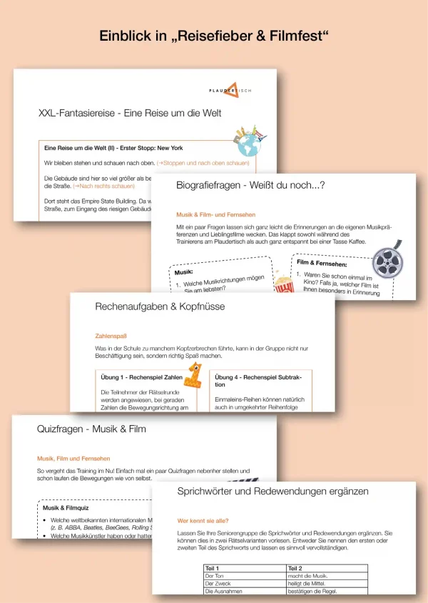 Grafik zeigt Ausschnitte der 10-Minuten Aktivierungen für den Plaudertisch. Die Aufgaben drehen sich um die Themen Reisefieber und Filmfest.