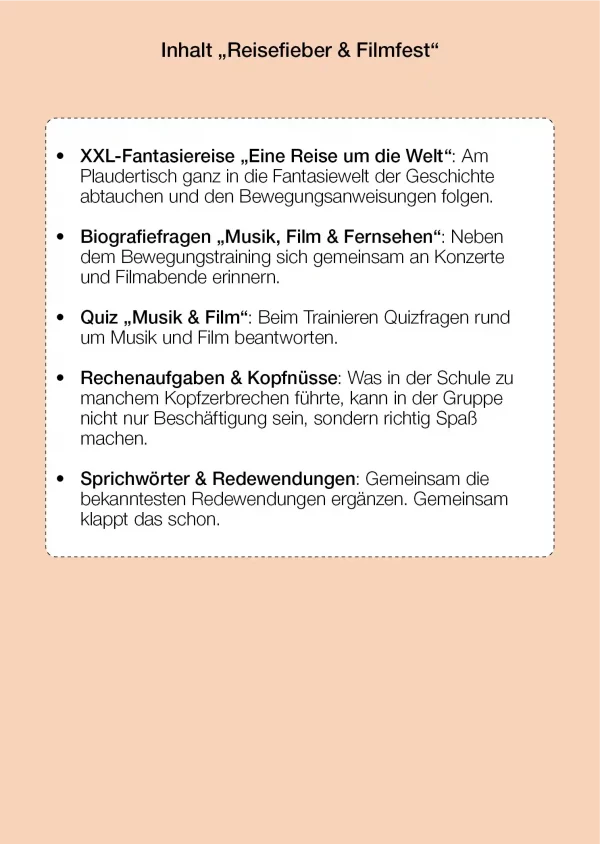 Das Bild zeigt das Inhaltsverzeichnis für die 10-Minuten-Aktivierungen für Senioren, die am Plaudertisch trainieren. Es werden 5 Aufgaben vorgestellt.