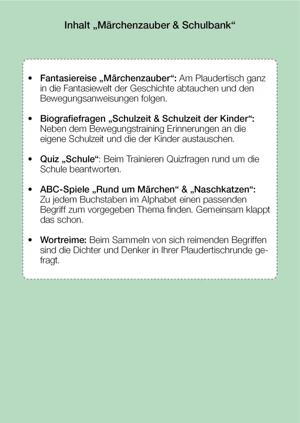 Inhaltsverzeichnis zum Aufgabenset Märchenzauber und Schulbank mit 10-Minuten Aktivierungen für den Plaudertisch.