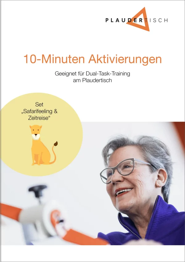 Das Bild zeigt eine Seniorin, die am Plaudertisch sitzt. Es ist das Cover der 10-Minutenaktivierungen zu den Themen Safarifeeling und Zeitreise. Eine Grafik einer Löwin ist das Symbol dieses Sets.