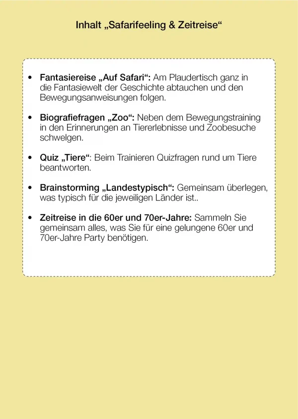 Inhaltsverzeichnis für die Sammlung von 10-Minuten Aktivierungen zum Thema Safari und Zeitreise für ein Dual-Task-Training am Plaudertisch.