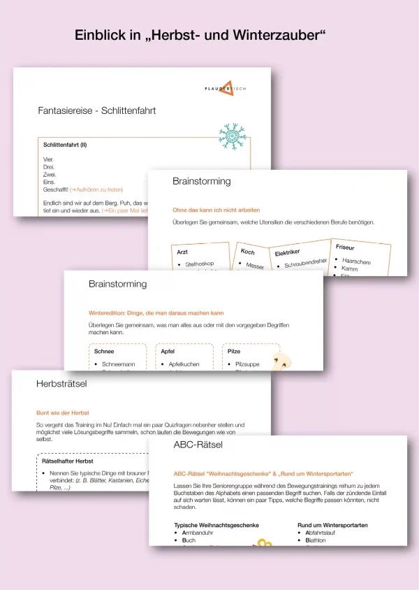 Ausschnitte der Kurzaktivierungen zu den Themen Herbst und Winter für das Training am Plaudertisch.