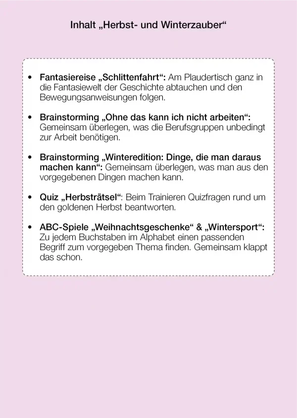 Inhaltsverzeichnis für das Aufgabenset Herbst- und Winterzauber mit Kurzaktivierungen für das Dual-Task-Training am Plaudertisch.