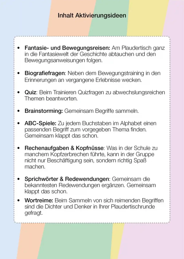 Inhaltsverzeichnis der großen Sammlung an Aktivierungsideen für den Plaudertisch. Alle enthaltenen Aufgabentypen werden mit einem prägnanten Satz kurz vorgestellt.