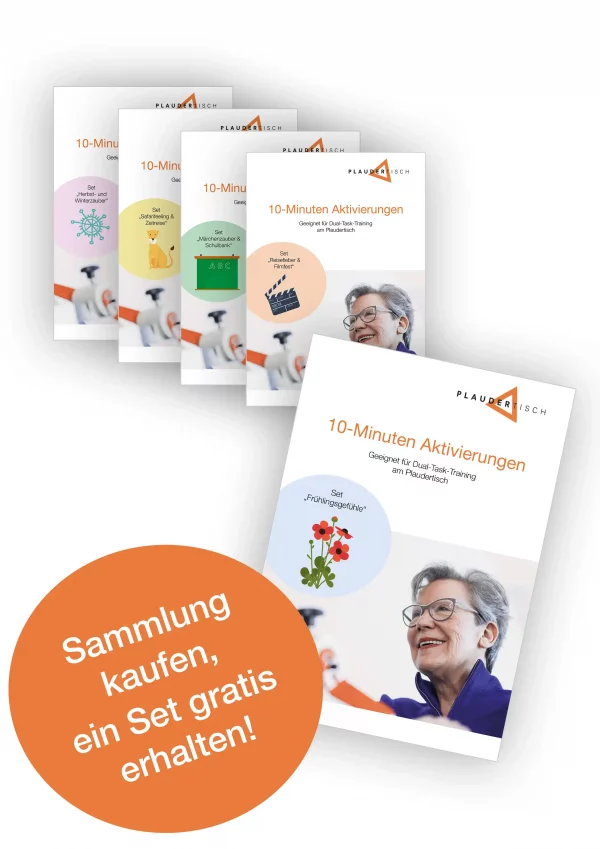 Übersicht der enthaltenen Aufgabensets in der großen Sammlung der Aktivierungsideen. Es zeigt fünf verschiedene Titelfolien für die thematisch unterschiedlichen Kurzaktivierungen. In einem orangenen Kreis wird das Angebot Sammlung kaufen und ein Set gratis erhalten, beworben.