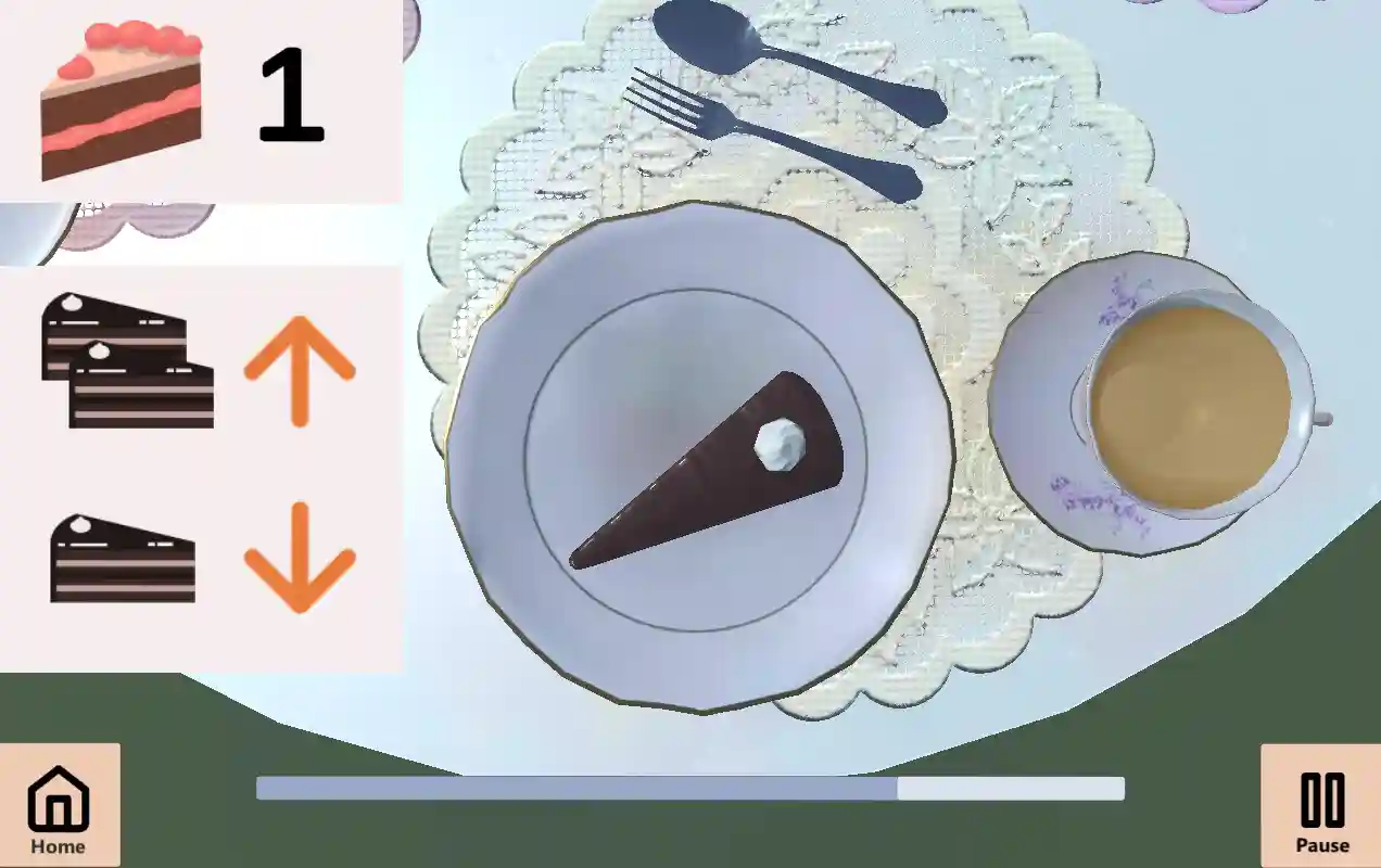 Screenshot vom Spiel Kaffeerunde auf dem man ein Stück Kuchen auf einem Teller sieht