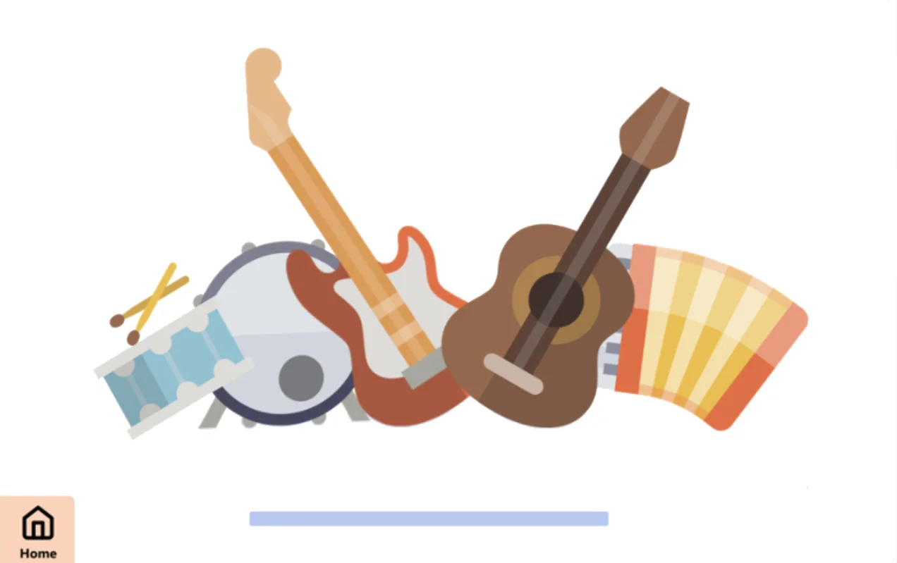 Screenshot Spiel Musik machen. Man sieht verschiedene Musikinstrumente vor einem weißen Hintergrund