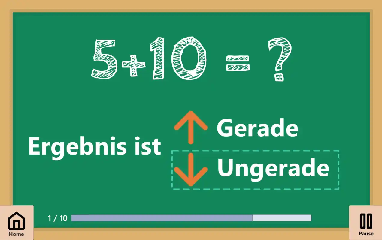 Screenshot vom Spiel Wetterechnen auf dem man ein grüne Tafel mit einer Rechenaufgabe sieht