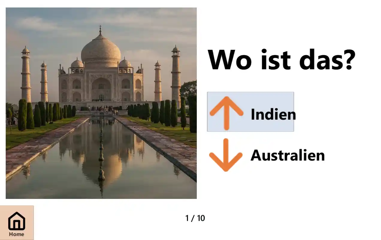 Screenshot Spiel Um die Welt. Man sieht ein Foto des Taj Mahals mit der Frage wo ist das