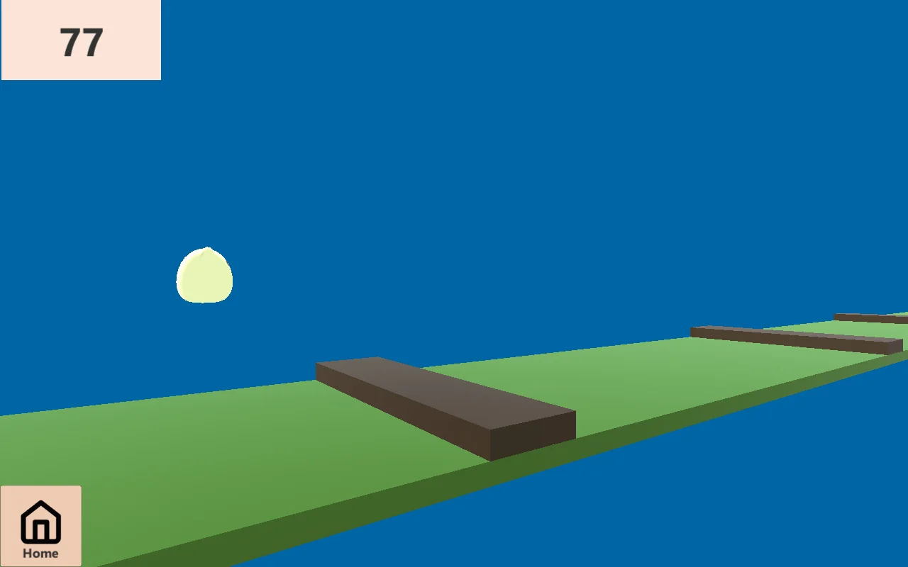 Screenshot vom Spiel Hindernislauf. Ein kleiner gelber Ball hüpft über ein Hindernis.