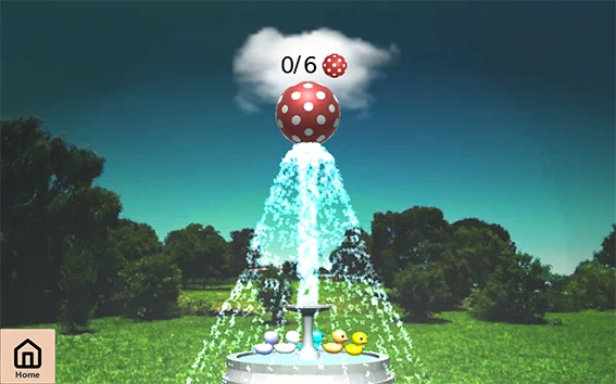 Screenshot vom Spiel Wasserball. Man sieht einen Brunnen mit einer Fontaene auf der ein Wasserball balanciert